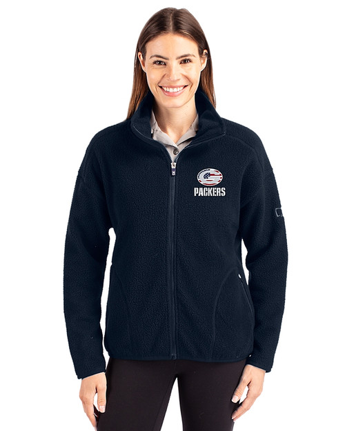 Green Bay Packers Americana Cutter & Buck Cascade Eco Fleece Womens Full Zip Jacket Navy Blue Front