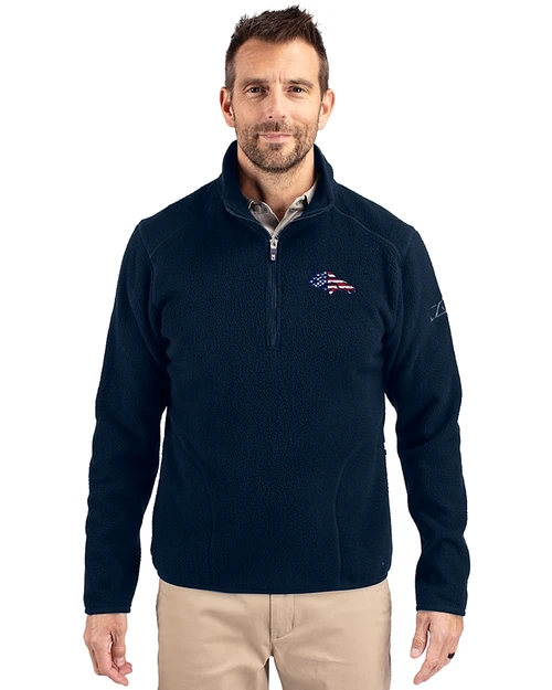 Denver Broncos Americana Cutter & Buck Cascade Eco Fleece Mens Quarter Zip Jacket Navy Blue Front