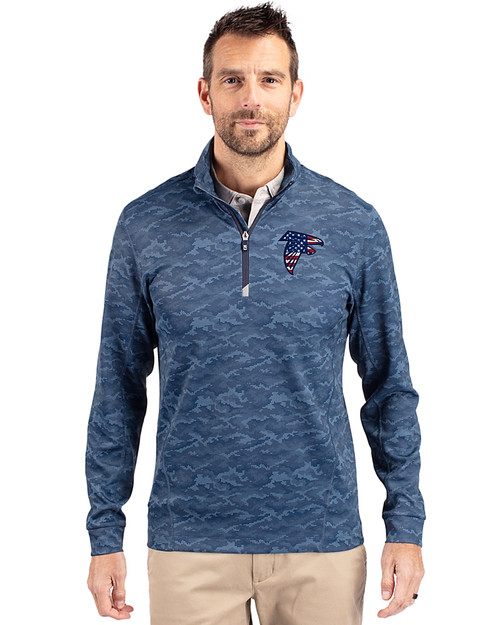 Atlanta Falcons Americana Cutter & Buck Traverse Stretch Eco Camo Print Quarter Zip Mens Big and Tall Pullover Navy Blue Front