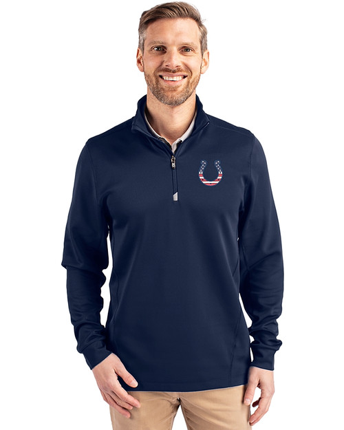 Indianapolis Colts Americana Cutter & Buck Traverse Recycled Smooth Stretch Mens Quarter Zip Pullover Liberty Navy Front
