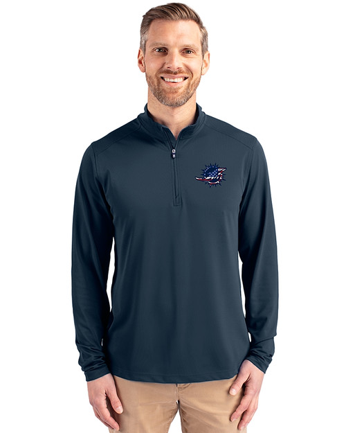Miami Dolphins Americana Cutter & Buck Virtue Eco Pique Recycled Quarter Zip Mens Pullover Navy Blue Front