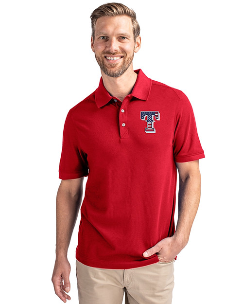Texas Rangers Stars & Stripes Cutter & Buck Advantage Eco Tri-Blend Pique Mens Polo Cardinal Red Front