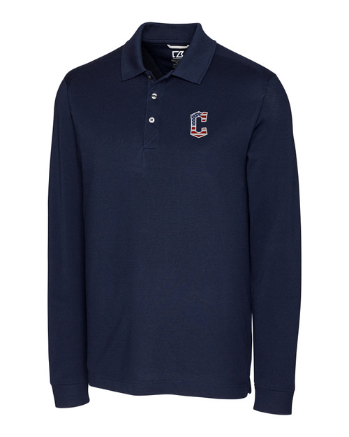 Cleveland Guardians Stars & Stripes Cutter & Buck Advantage Tri-Blend Pique Mens Long Sleeve Polo LYN_MANN_HG 1