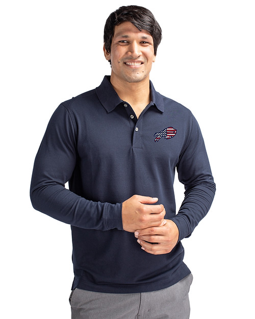 Buffalo Bills Americana Cutter & Buck Advantage Eco Tri-Blend Pique Mens Long Sleeve Polo Liberty Navy Front