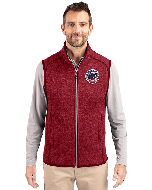Chicago Cubs Stars & Stripes Cutter & Buck Mainsail Sweater-Knit Mens Full Zip Vest Cardinal Red Heather Front