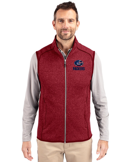 Green Bay Packers Americana Cutter & Buck Mainsail Sweater-Knit Mens Full Zip Vest Cardinal Red Heather Front