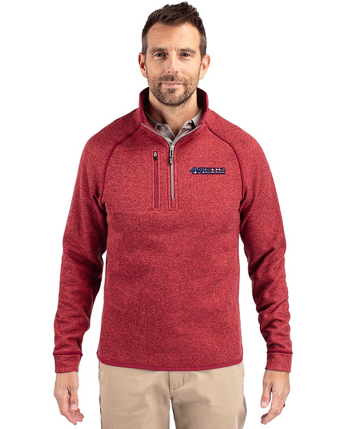 San Francisco 49ers Americana Cutter & Buck Mainsail Sweater-Knit Mens Half Zip Pullover Jacket Cardinal Red Heather Front