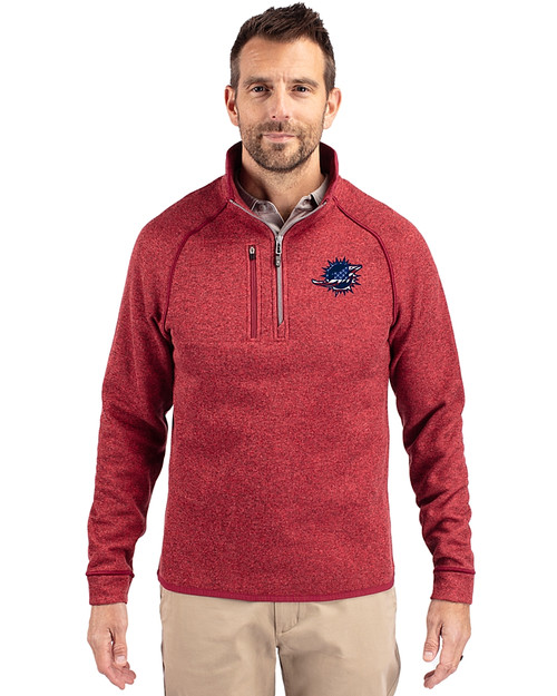 Miami Dolphins Americana Cutter & Buck Mainsail Sweater-Knit Mens Half Zip Pullover Jacket Cardinal Red Heather Front