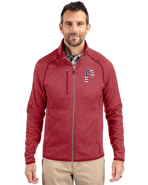 Pittsburgh Pirates Stars & Stripes Cutter & Buck Mainsail Sweater-Knit Mens Full Zip Jacket Cardinal Red Heather Front