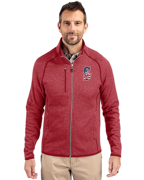 Seattle Mariners Stars & Stripes Cutter & Buck Mainsail Sweater-Knit Mens Full Zip Jacket Cardinal Red Heather Front