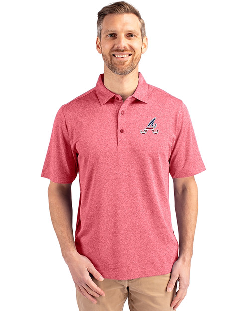 Atlanta Braves Stars & Stripes Cutter & Buck Forge Heathered Stretch Mens Polo Cardinal Red Heather Front