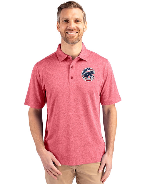 Chicago Cubs Stars & Stripes Cutter & Buck Forge Heathered Stretch Mens Polo Cardinal Red Heather Front