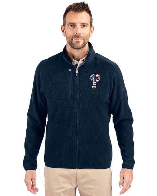 Philadelphia Phillies Stars & Stripes Cutter & Buck Cascade Eco Fleece Mens Full Zip Jacket Navy Blue Front