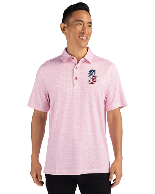 Seattle Mariners Stars & Stripes Cutter & Buck Pike Double Dot Print Stretch Mens Big and Tall Polo Cardinal Red Front