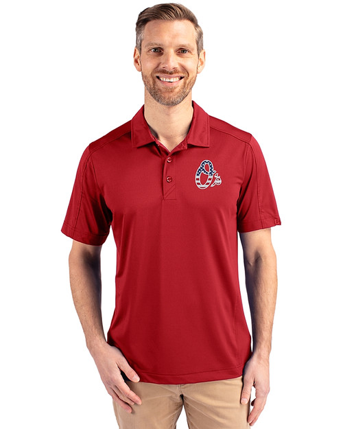 Baltimore Orioles Stars & Stripes Cutter & Buck Prospect Eco Textured Stretch Recycled Mens Big & Tall Polo Cardinal Red Front
