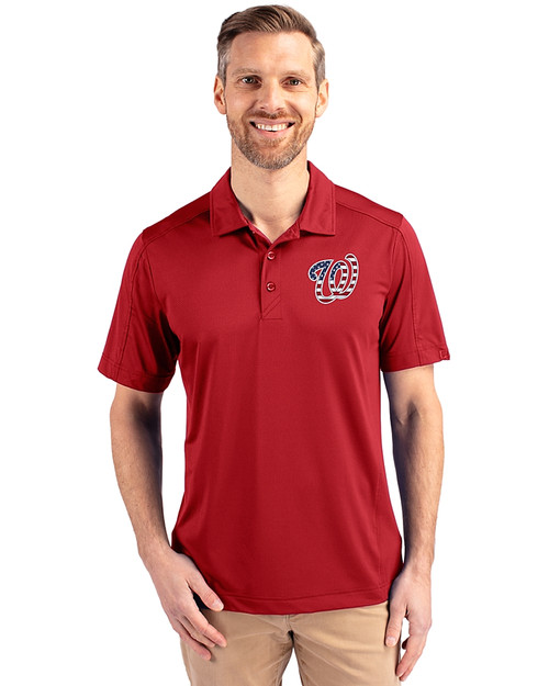 Washington Nationals Stars & Stripes Cutter & Buck Prospect Eco Textured Stretch Recycled Mens Big & Tall Polo Cardinal Red Front