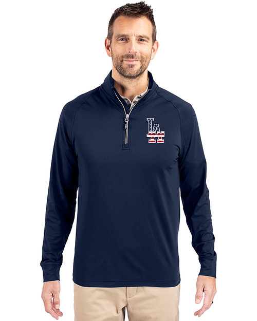 Los Angeles Dodgers Stars & Stripes Cutter & Buck Adapt Eco Knit Stretch Recycled Mens Big and Tall Quarter Zip Pullover Navy Blue Front