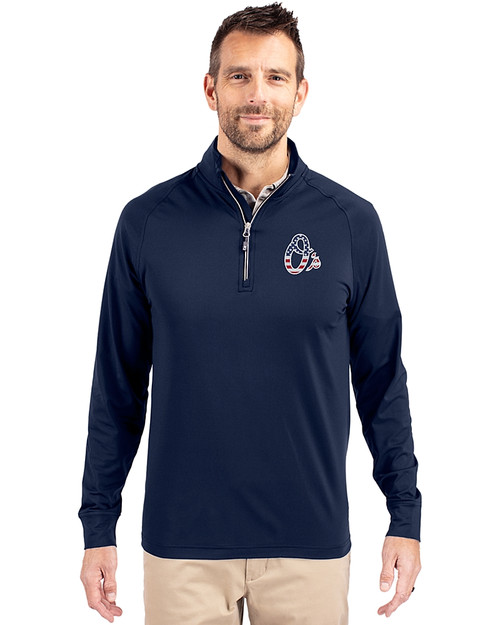 Baltimore Orioles Stars & Stripes Cutter & Buck Adapt Eco Knit Stretch Recycled Mens Big and Tall Quarter Zip Pullover Navy Blue Front
