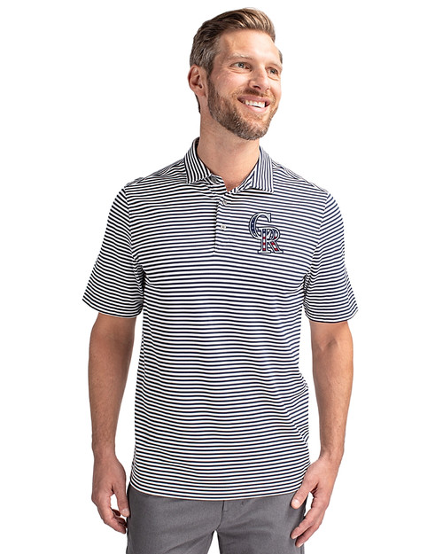 Colorado Rockies Stars & Stripes Cutter & Buck Virtue Eco Pique Stripe Recycled Mens Big and Tall Polo Navy Blue Front