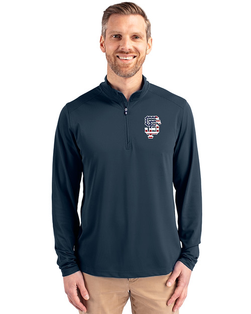 San Francisco Giants Stars & Stripes Cutter & Buck Virtue Eco Pique Recycled Quarter Zip Mens Big & Tall Pullover Navy Blue Front