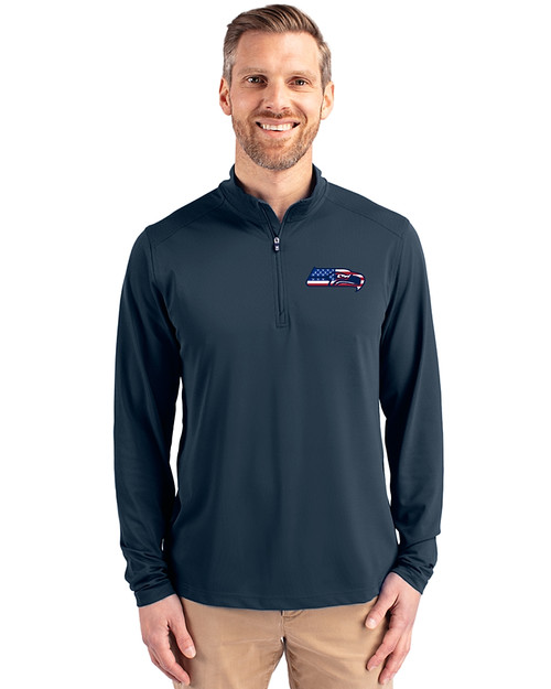 Seattle Seahawks Americana Cutter & Buck Virtue Recycled Featherlight Pique Mens Big & Tall Quarter Zip Pullover Navy Blue Front