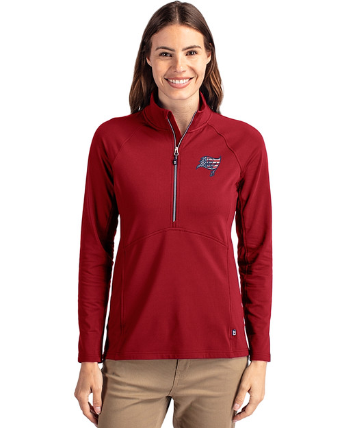 Tampa Bay Buccaneers Americana Cutter & Buck Adapt Recycled Soft Knit Stretch Womens Half Zip Pullover Cardinal Red Front