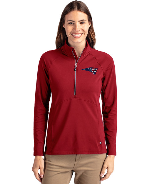 New England Patriots Americana Cutter & Buck Adapt Eco Knit Stretch Recycled Womens Half Zip Pullover Cardinal Red Front