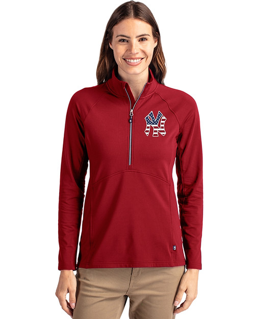 New York Yankees Stars & Stripes Cutter & Buck Adapt Eco Knit Stretch Recycled Womens Half Zip Pullover Cardinal Red Front