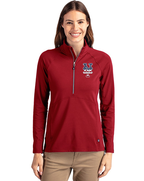 New York Mets Stars & Stripes Cutter & Buck Adapt Eco Knit Stretch Recycled Womens Half Zip Pullover Cardinal Red Front