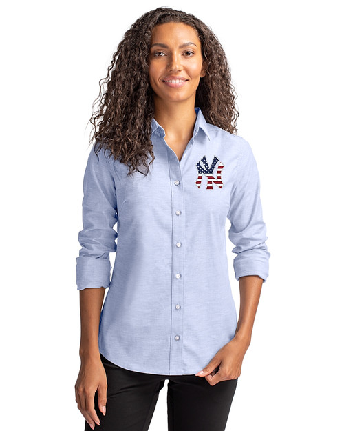 New York Yankees Stars & Stripes Cutter & Buck Stretch Oxford Womens Long Sleeve Dress Shirt Light Blue Front