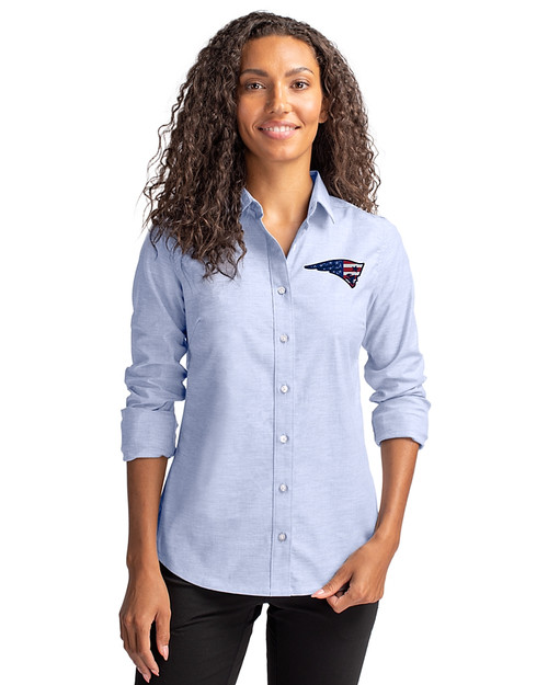 New England Patriots Americana Cutter & Buck Stretch Oxford Womens Long Sleeve Dress Shirt Light Blue Front