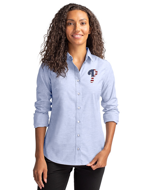 Philadelphia Phillies Stars & Stripes Cutter & Buck Stretch Oxford Womens Long Sleeve Dress Shirt Light Blue Front