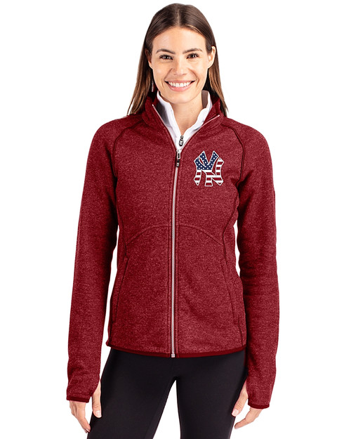 New York Yankees Stars & Stripes Cutter & Buck Mainsail Sweater-Knit Womens Full Zip Jacket Cardinal Red Heather Front