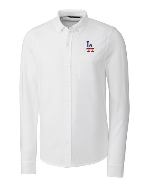 Los Angeles Dodgers Stars & Stripes Cutter & Buck Advantage Tri-Blend Pique Long Sleeve Knitted Mens Button Down WH_MANN_HG 1