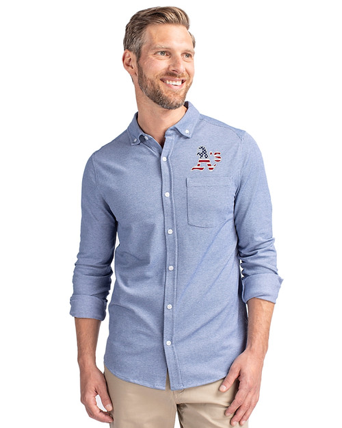 Athletics Stars And Stripes Cutter & Buck Advantage Tri-Blend Pique Long Sleeve Knitted Mens Button Down Indigo Front