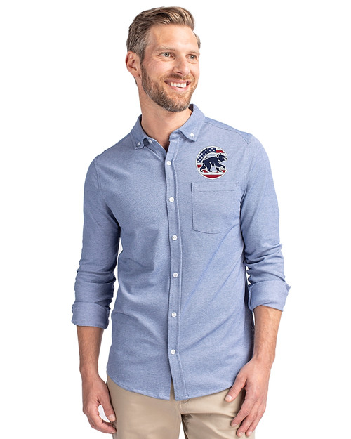 Chicago Cubs Stars & Stripes Cutter & Buck Advantage Tri-Blend Pique Long Sleeve Knitted Mens Button Down Indigo Front