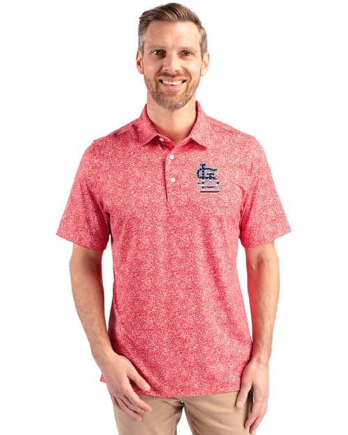 St. Louis Cardinals Stars & Stripes Cutter & Buck Pike Constellation Print Stretch Mens Polo Red Front
