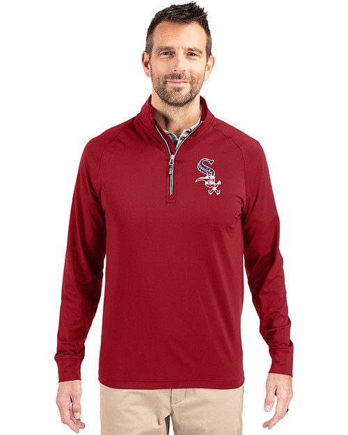 Chicago White Sox Stars & Stripes Cutter & Buck Adapt Eco Knit Stretch Recycled Mens Quarter Zip Pullover Cardinal Red Front