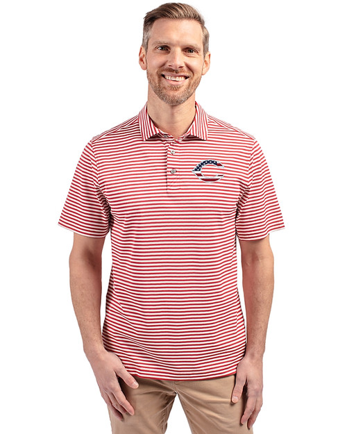 Cincinnati Reds Stars & Stripes Cutter & Buck Virtue Eco Pique Stripe Recycled Mens Polo Cardinal Red Front