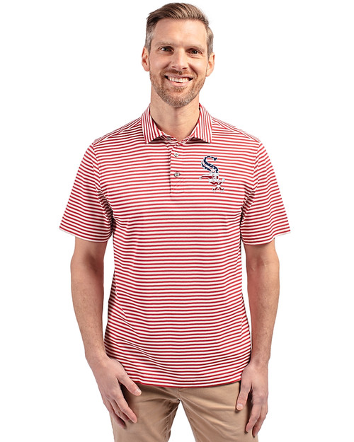 Chicago White Sox Stars & Stripes Cutter & Buck Virtue Eco Pique Stripe Recycled Mens Polo Cardinal Red Front