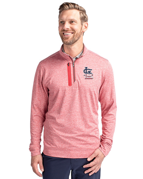 St. Louis Cardinals Stars & Stripes Cutter & Buck Stealth Heathered Quarter Zip Mens Pullover Cardinal Red Front