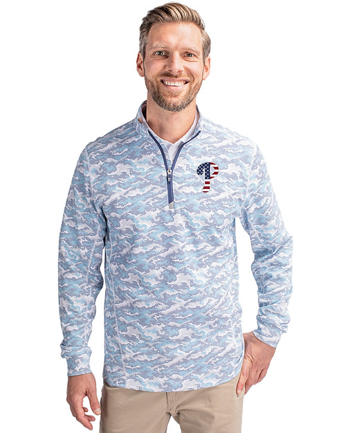 Philadelphia Phillies Stars & Stripes Cutter & Buck Traverse Stretch Eco Camo Print Quarter Zip Mens Pullover Indigo Front