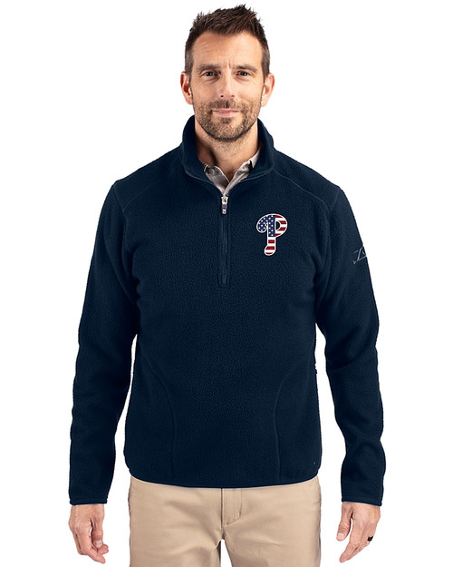Philadelphia Phillies Stars & Stripes Cutter & Buck Cascade Eco Fleece Mens Quarter Zip Jacket Navy Blue Front