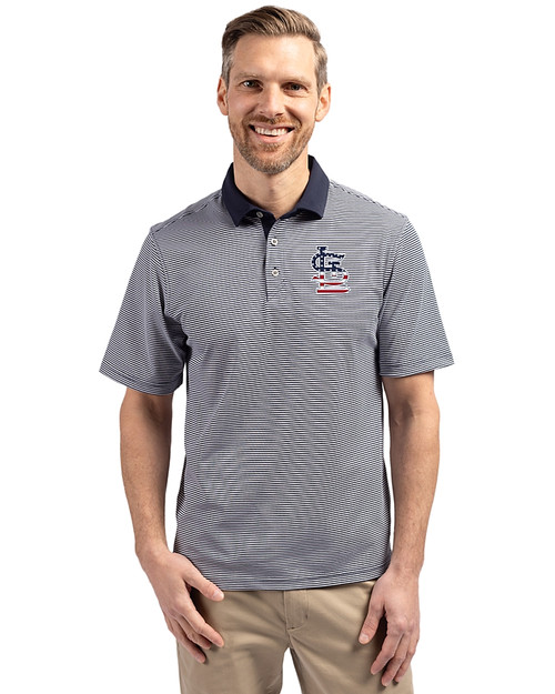 St. Louis Cardinals Stars & Stripes Cutter & Buck Virtue Eco Pique Micro Stripe Recycled Mens Big & Tall Polo Navy Blue/White Front