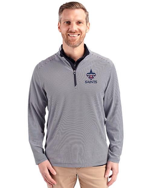 New Orleans Saints Americana Cutter & Buck Virtue Recycled Micro Stripe Featherlight Pique Mens Big & Tall Quarter Zip Pullover Navy Blue/White Front