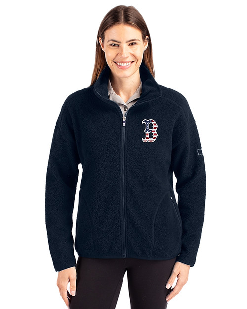 Boston Red Sox Stars & Stripes Cutter & Buck Cascade Eco Fleece Womens Full Zip Jacket Navy Blue Front