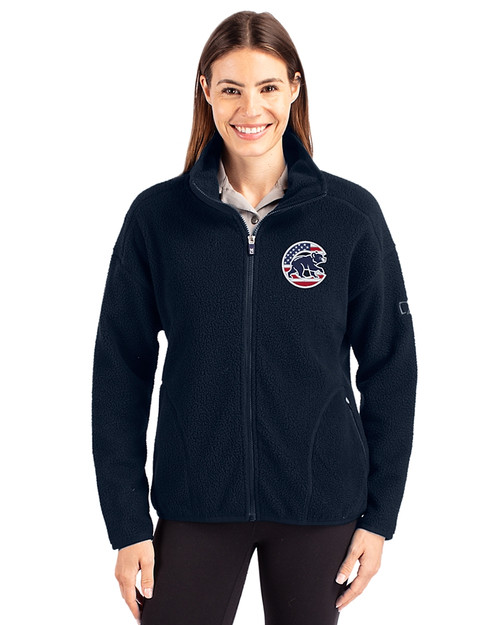Chicago Cubs Stars & Stripes Cutter & Buck Cascade Eco Fleece Womens Full Zip Jacket Navy Blue Front