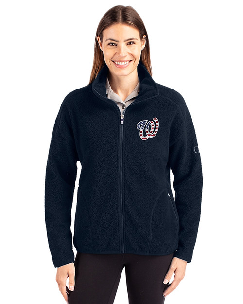 Washington Nationals Stars & Stripes Cutter & Buck Cascade Eco Fleece Womens Full Zip Jacket Navy Blue Front