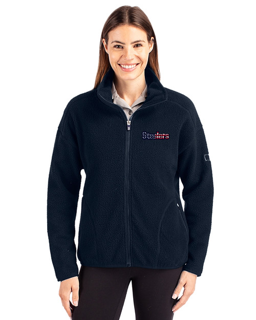 Pittsburgh Steelers Americana Cutter & Buck Cascade Eco Fleece Womens Full Zip Jacket Navy Blue Front