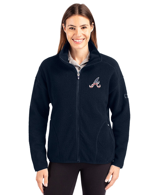 Atlanta Braves Stars & Stripes Cutter & Buck Cascade Eco Fleece Womens Full Zip Jacket Navy Blue Front